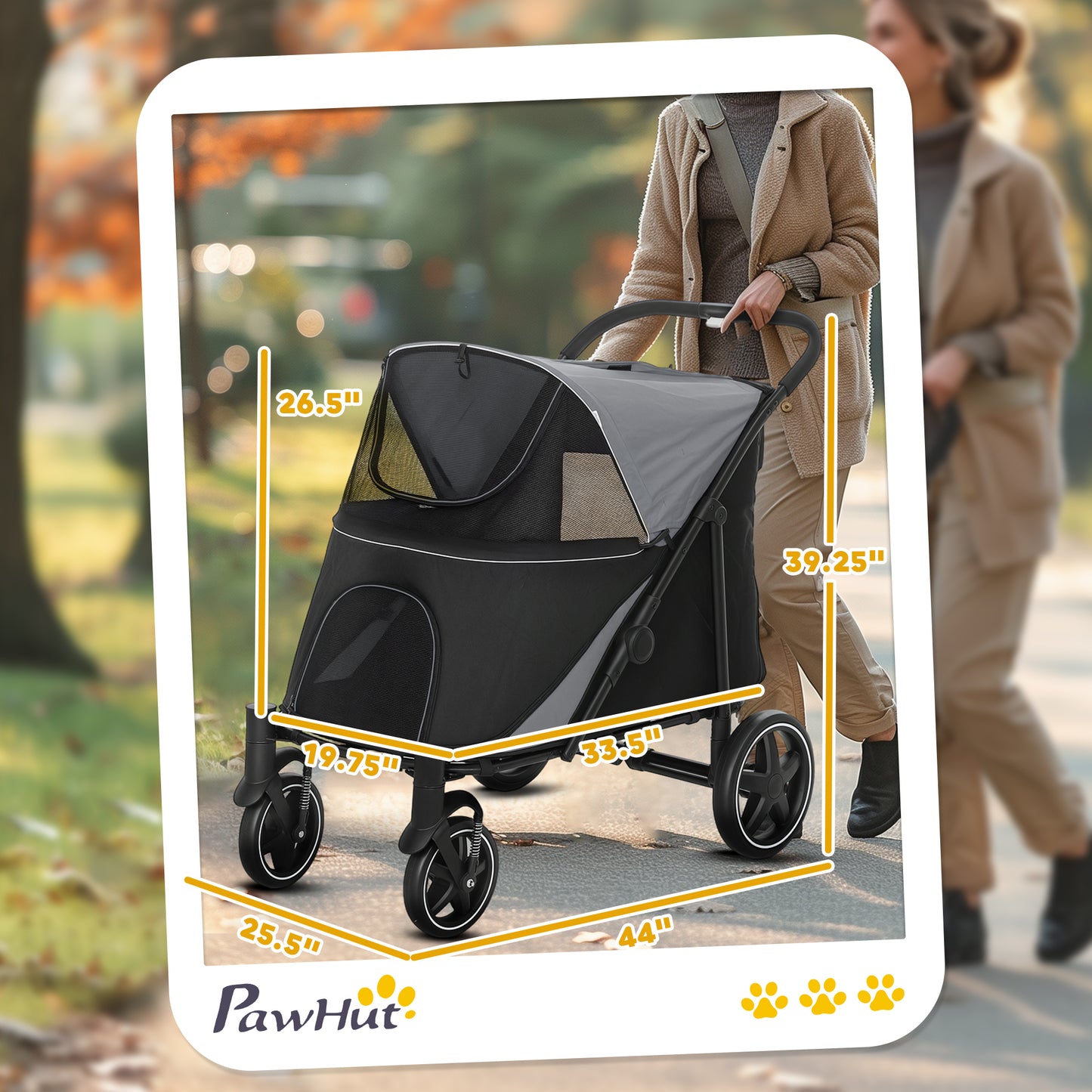 Large I YAN dog stroller with mesh window, shock absorption wheels, and one-click fold for pets up to 66 lbs.