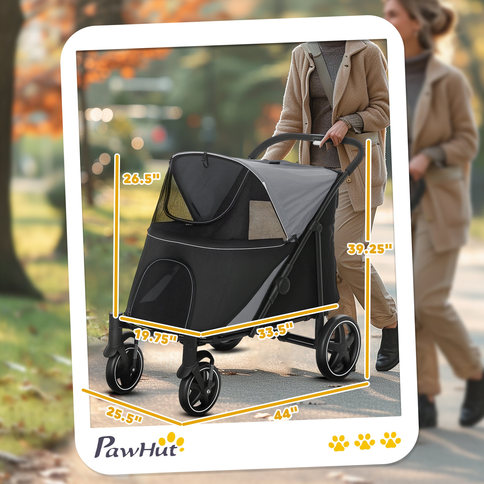 Large I YAN dog stroller with mesh window, shock absorption wheels, and one-click fold for pets up to 66 lbs.