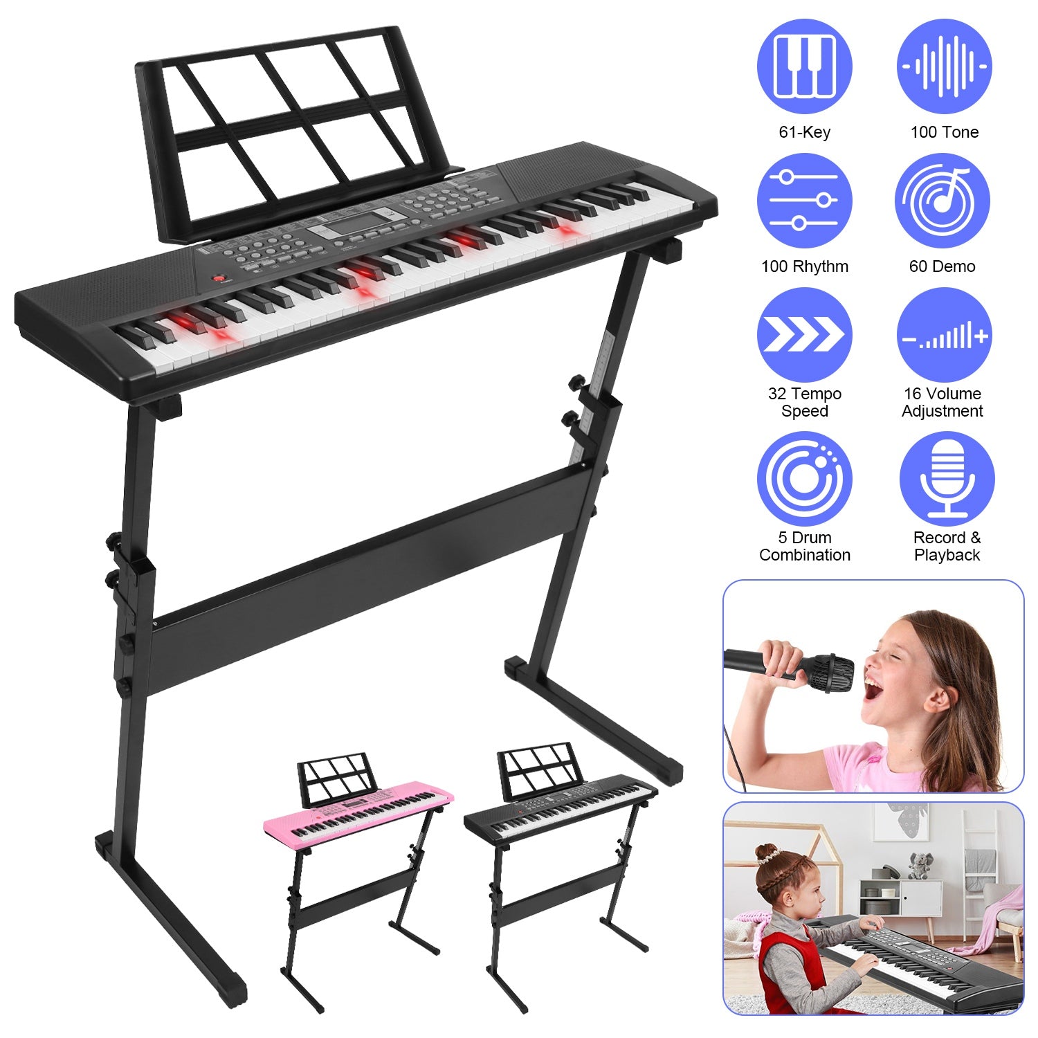 I YAN 61-key digital music keyboard for kids with microphone and stand, suitable for ages 3-12, featuring colorful electronic musical instrument
