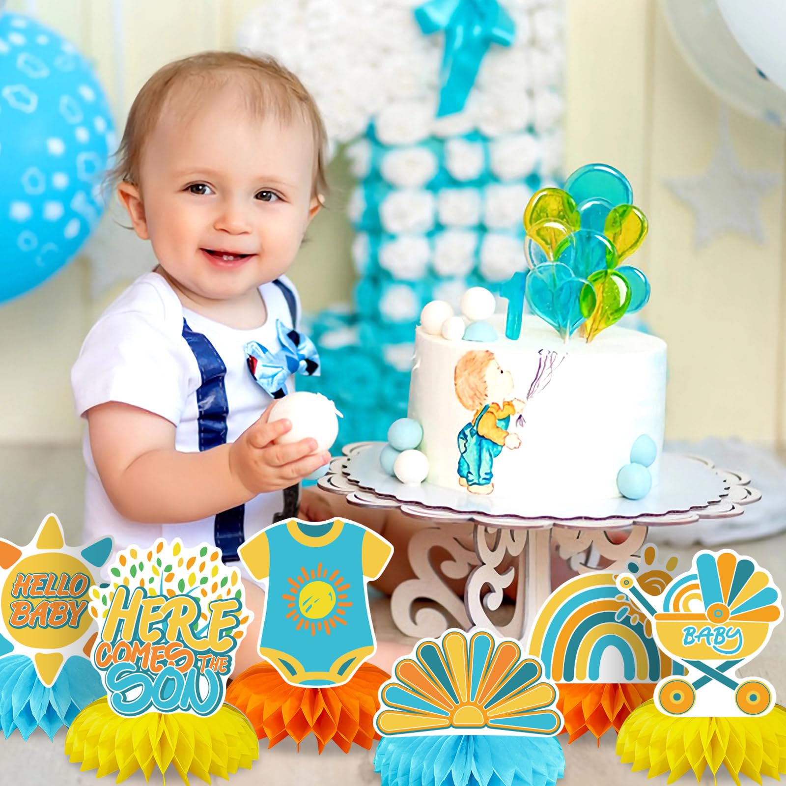 I YAN Here Comes The Son baby shower decorations, 14-piece boho honeycomb centerpiece set, featuring colorful paper ball accents.