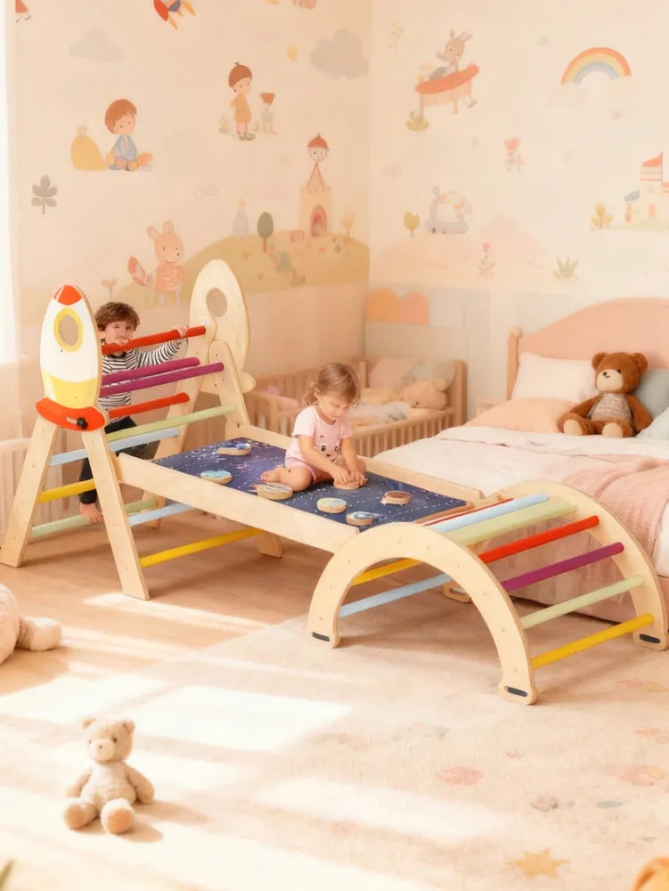 I YAN 7-in-1 foldable wooden baby climbing toy set with triangle, arch, pinball game, seesaw, and Montessori climbing features.