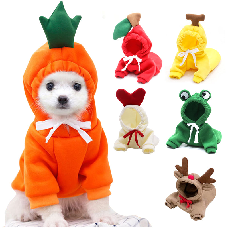 Cute fruit-themed dog hoodie from I YAN, warm fleece coat for small French Chihuahuas and puppies, winter pet clothing.