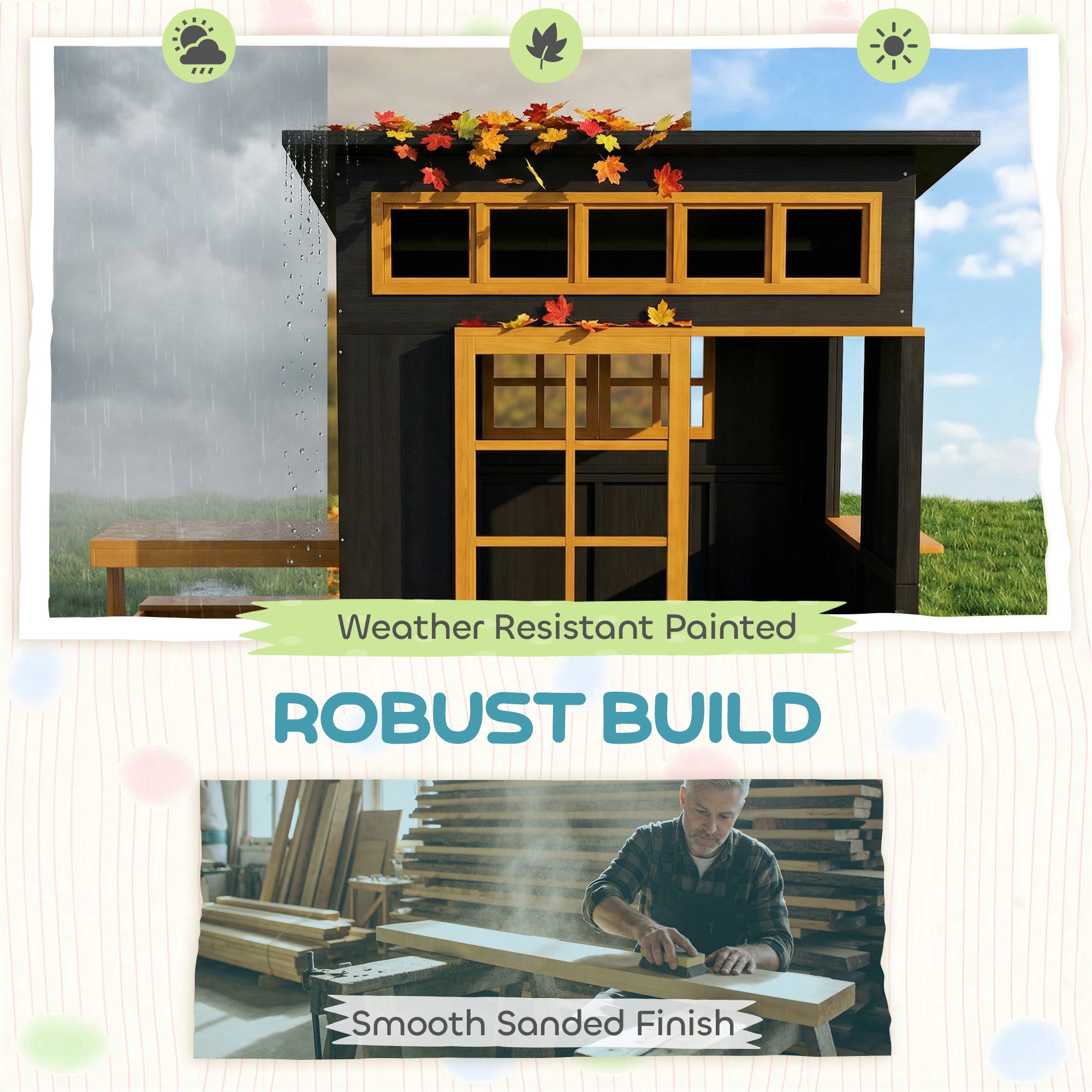 Wooden kids outdoor playhouse by I YAN with picnic table, benches, chalkboards, half door, and windows for children ages 3-8
