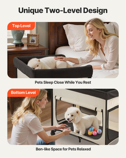 Foldable I YAN bunk dog bed with wheels, side storage bags, and dual-level lounge for pets.