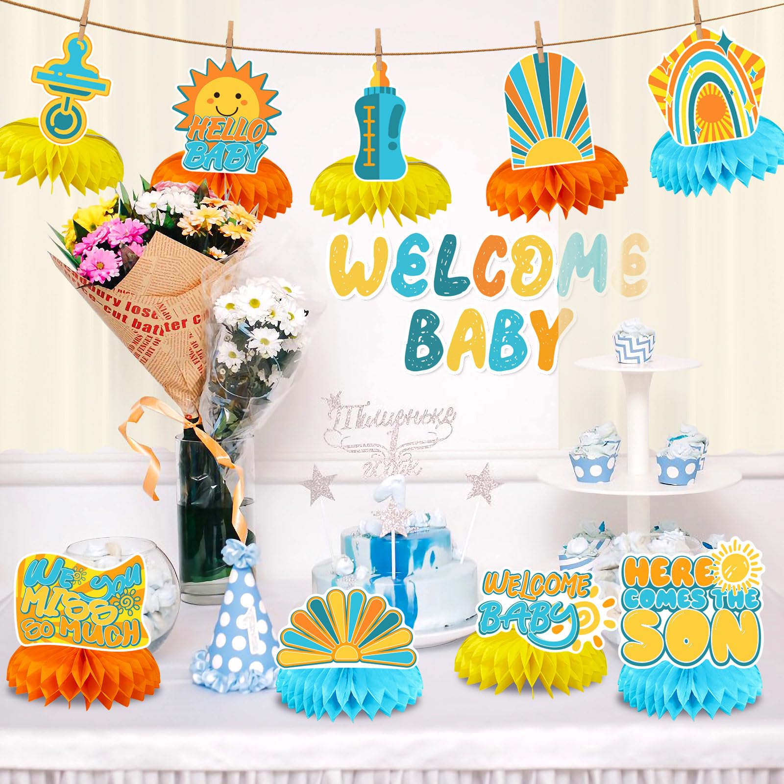 Here Comes The Son baby shower decorations, 14-piece boho honeycomb centerpiece set by I YAN, featuring colorful paper decorations and centerpieces.
