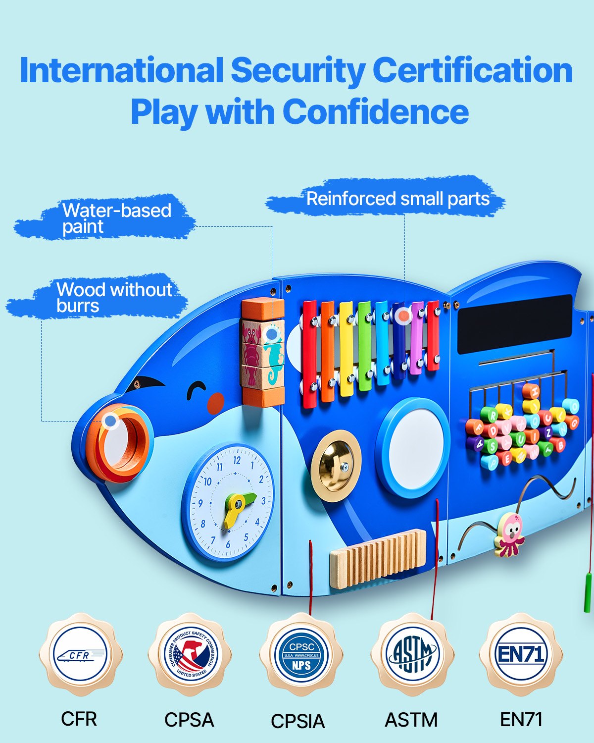I YAN Orca Activity Wall Busy Board with 12 sensory activities, featuring colorful panels designed for children's sensory play.