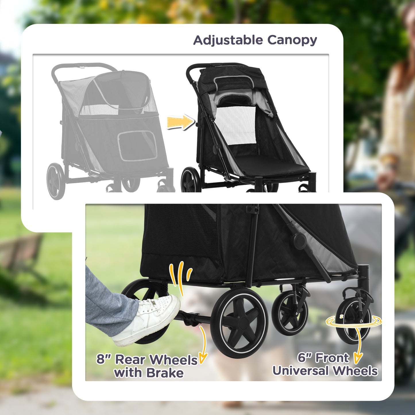 Large I YAN dog stroller for up to 66 lbs with one-click fold, shock absorption wheels, and mesh window for comfort.