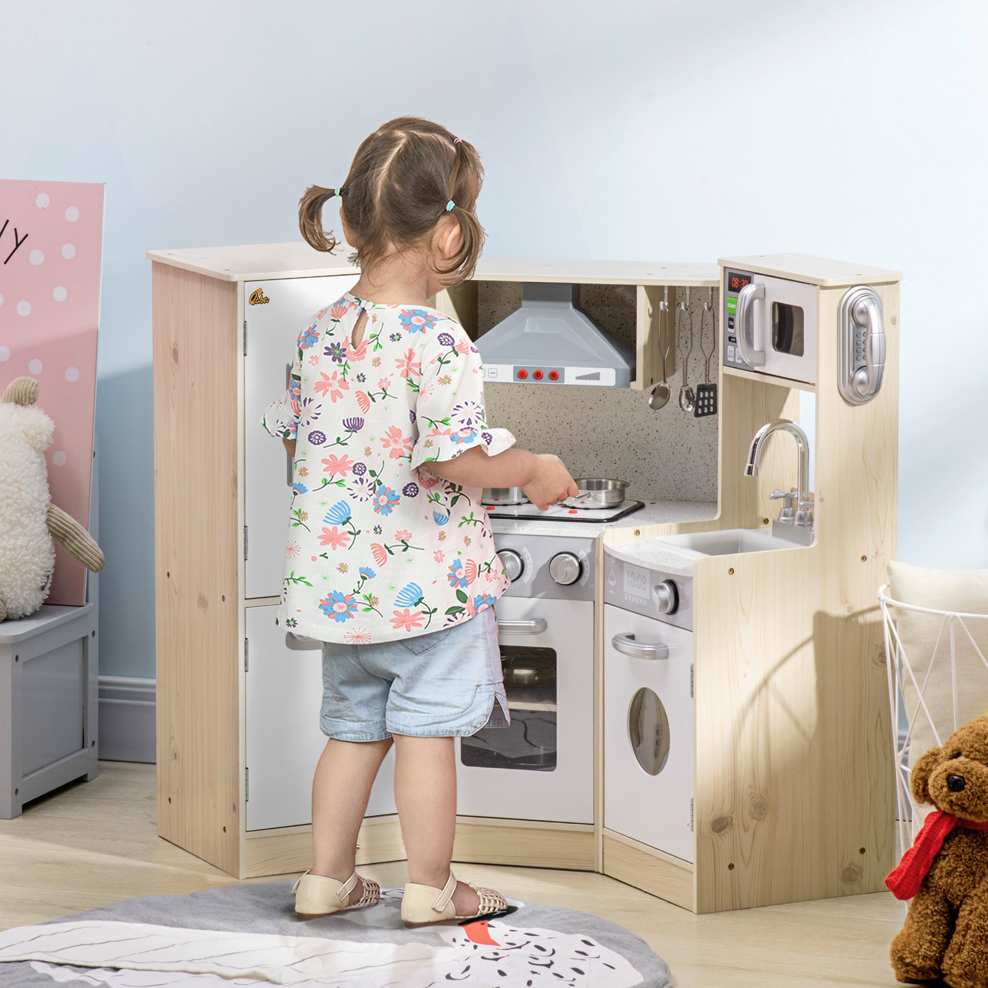 I YAN ultra-big corner kids wooden play kitchen with stainless steel cookware, phone, ice maker, and sound effects for ages 3-6