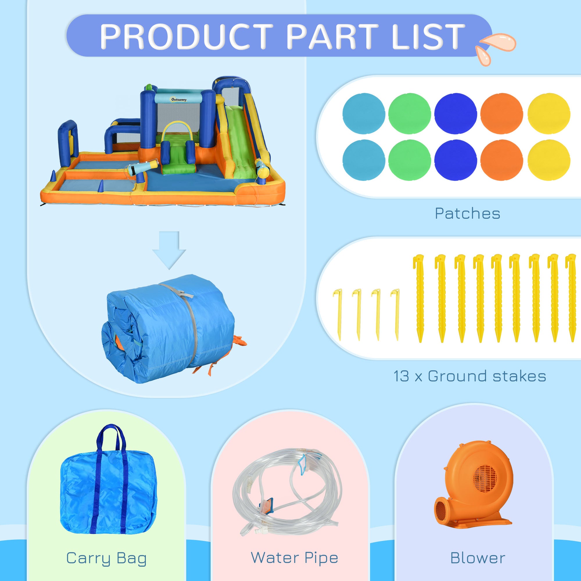 I YAN 7-in-1 water slide with climbing wall, slide pool, water cannon, basketball hoop, boxing post, and football stand for kids