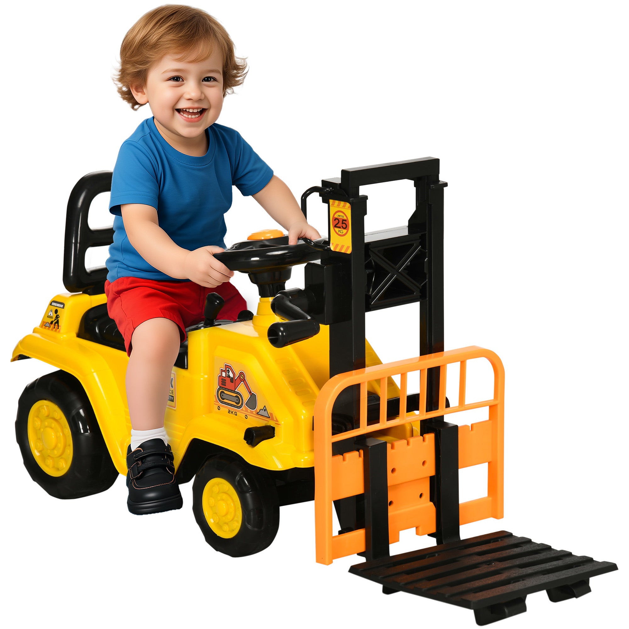 Kids sitting on I YAN Sit and Scoot ride-on forklift toy with under-seat storage, designed for imaginative construction play for 3-year-olds.