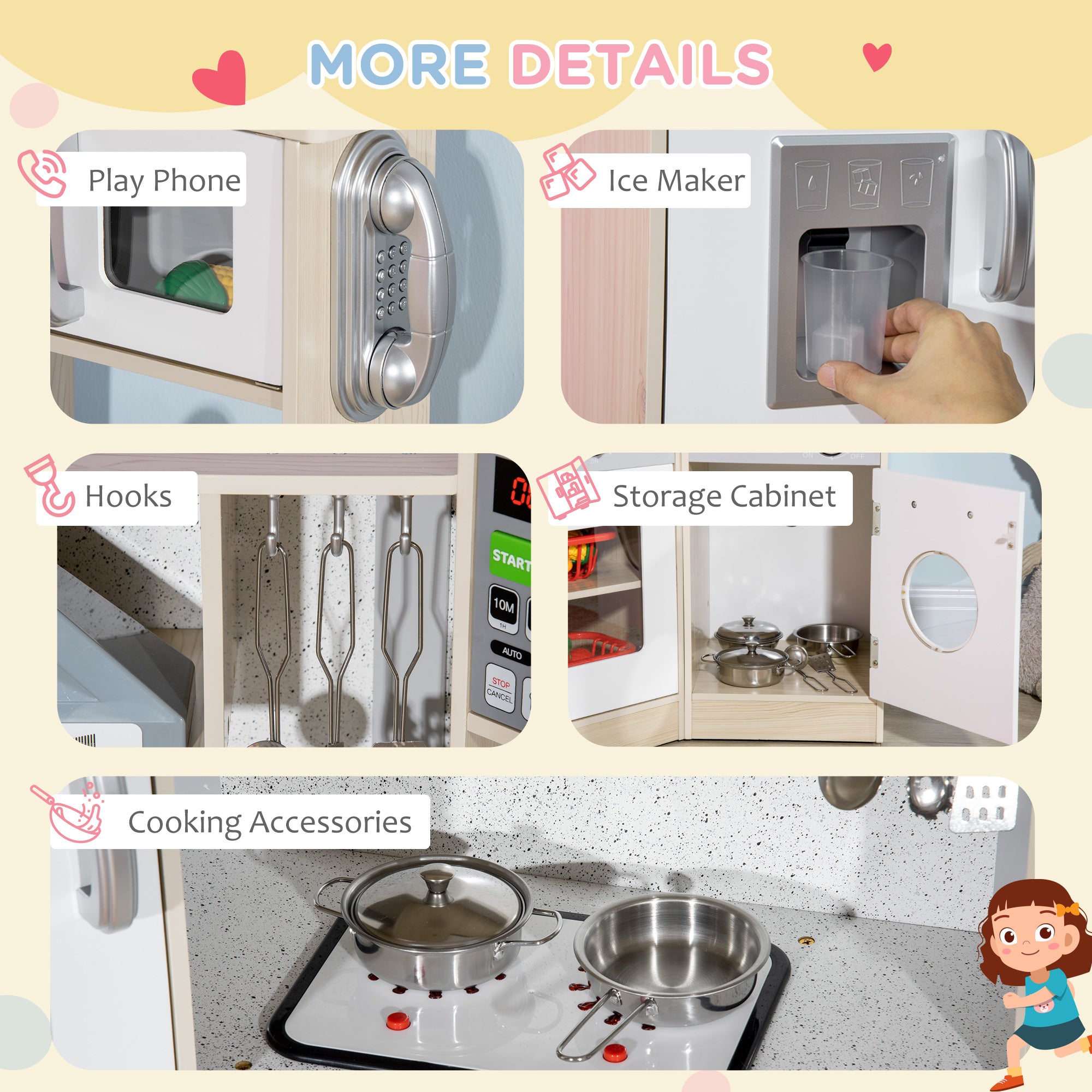 I YAN ultra-big wooden kids kitchen playset with stainless steel appliances, phone, ice maker, and sound effects for ages 3-6.