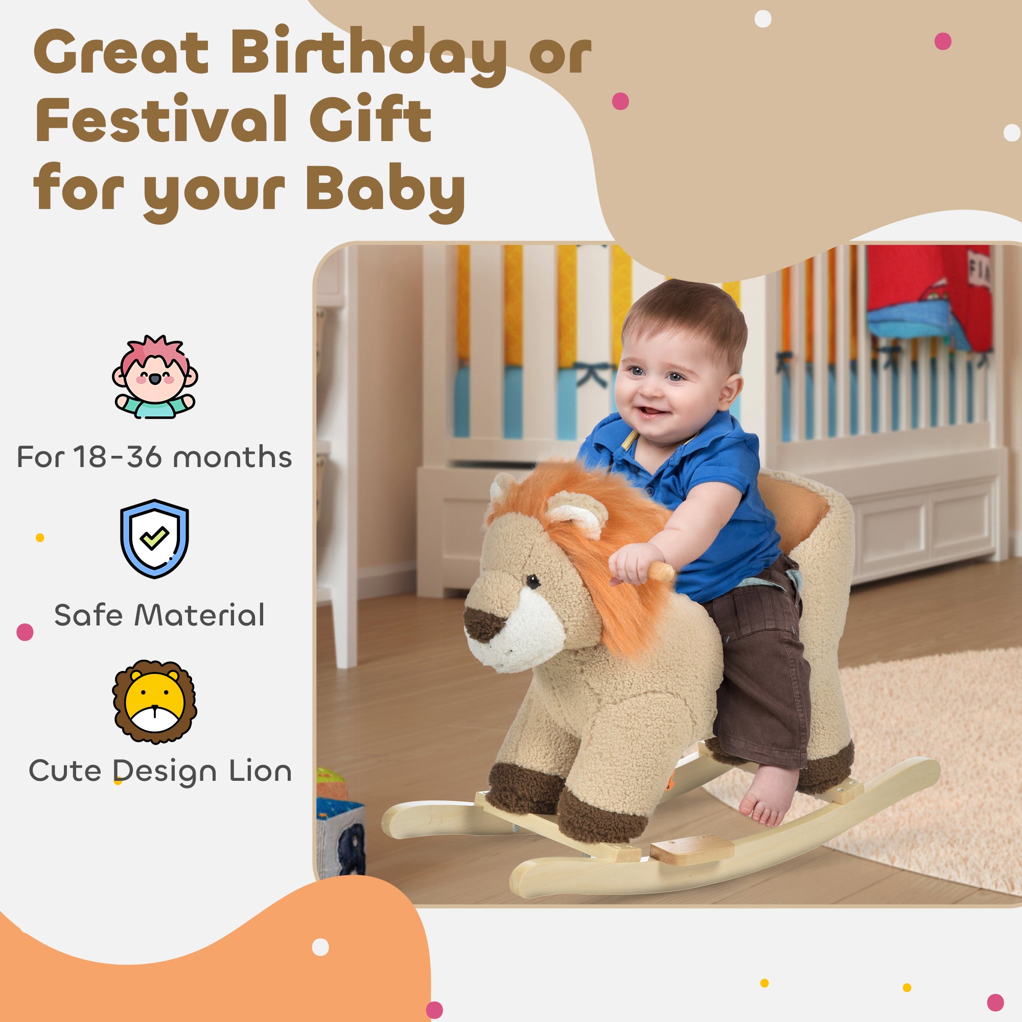 Plush wooden rocking horse lion toy with sound for toddlers, I YAN brand, suitable for ages 18-36 months, features a soft plush finish.