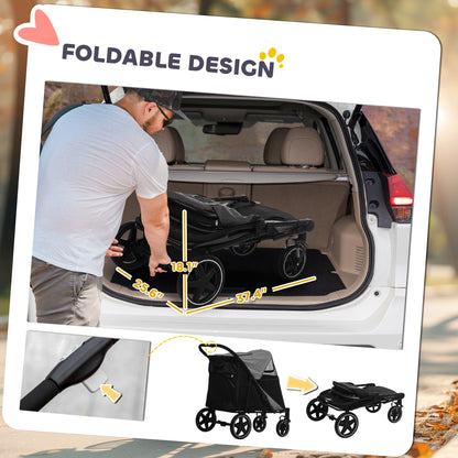 Large I YAN dog stroller with mesh window, shock absorption wheels, and one-click fold for pets up to 66 lbs.