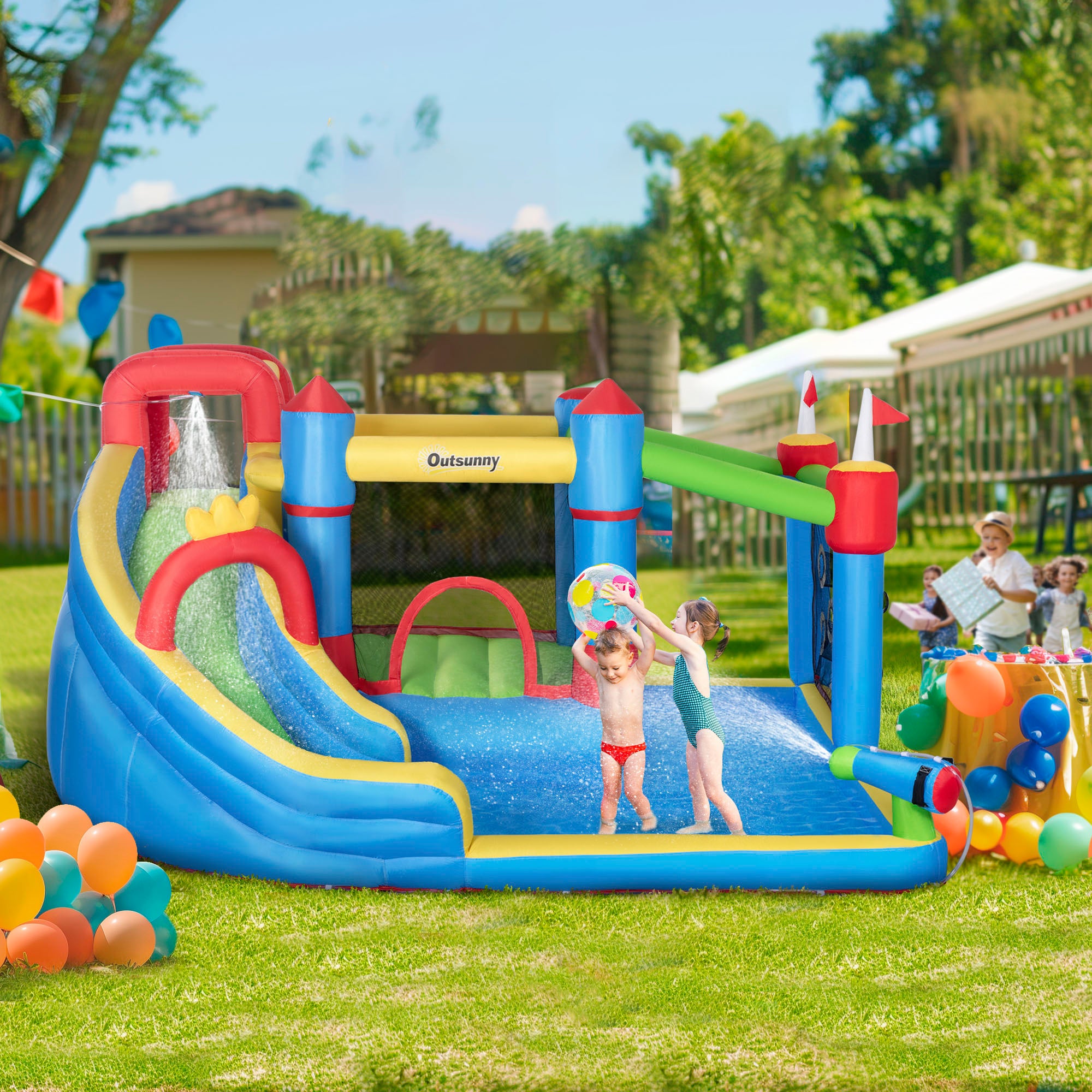 Colorful 6-in-1 inflatable water slide with splash pool, climbing wall, water cannon, and bounce house for kids, branded I YAN.
