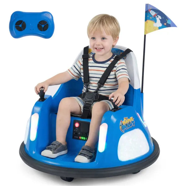 Blue I YAN 5-point seat belt bumper car with flashing lights and music, designed for safe 0.7-1.2 MPH ride-on fun for kids.