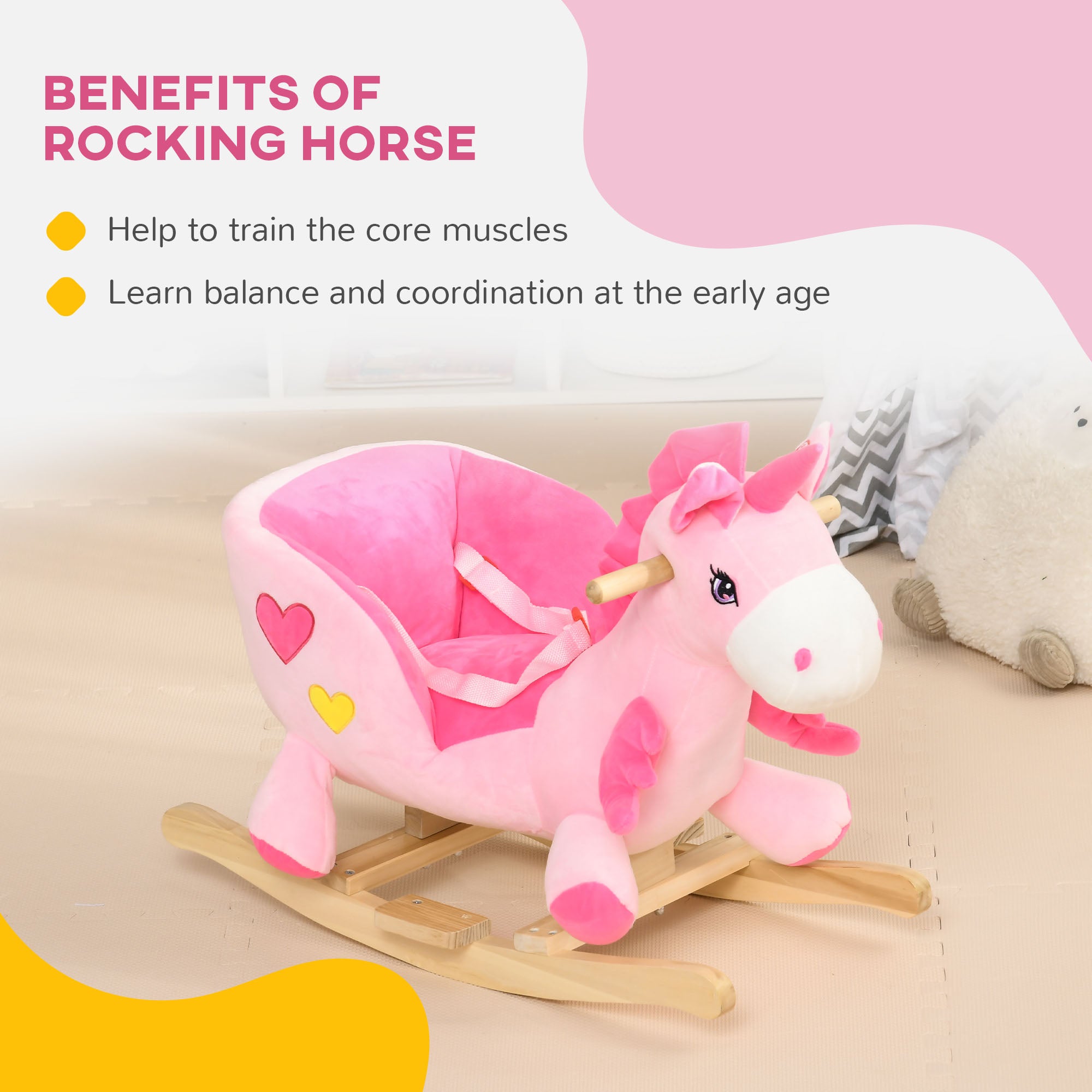 Pink baby rocking horse ride-on unicorn with 32 songs, seatbelt, and soft plush details by I YAN.
