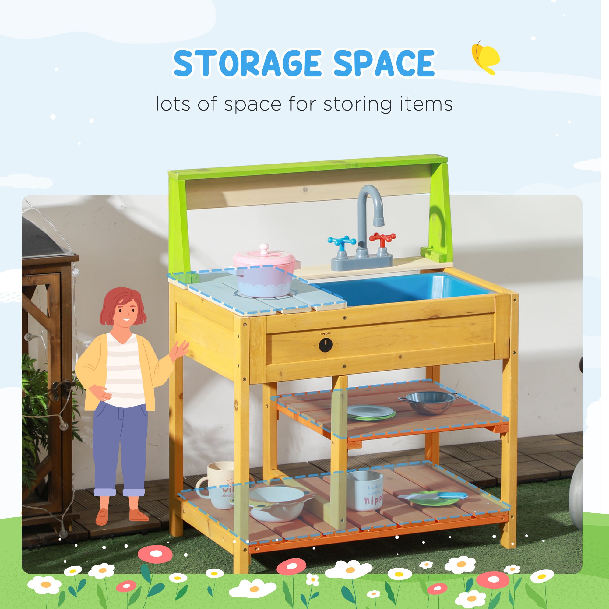 Children's outdoor mud kitchen playset by I YAN with faucet, sink, shelves, and realistic kitchen toys for ages 3-8 years