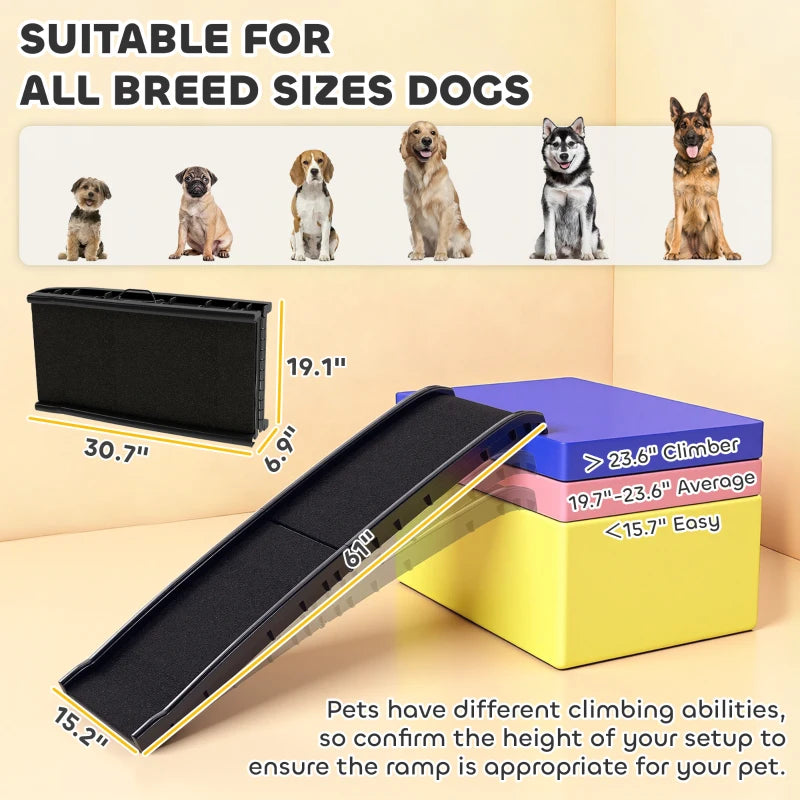 Foldable I YAN dog car ramp with gentle slope, 61 inches long for SUVs and high beds, designed for easy pet access.