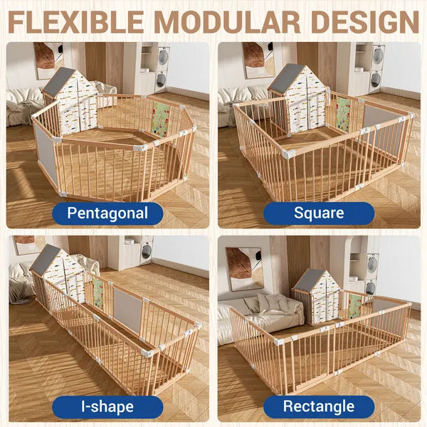 I YAN natural wood baby playpen with 10 foldable panels, door, built-in toys, and versatile shape options for safe infant play area.