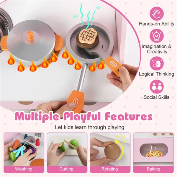 Pink wooden toddler play kitchen by I YAN with sink, accessories, and realistic details for kids age 3 and up.