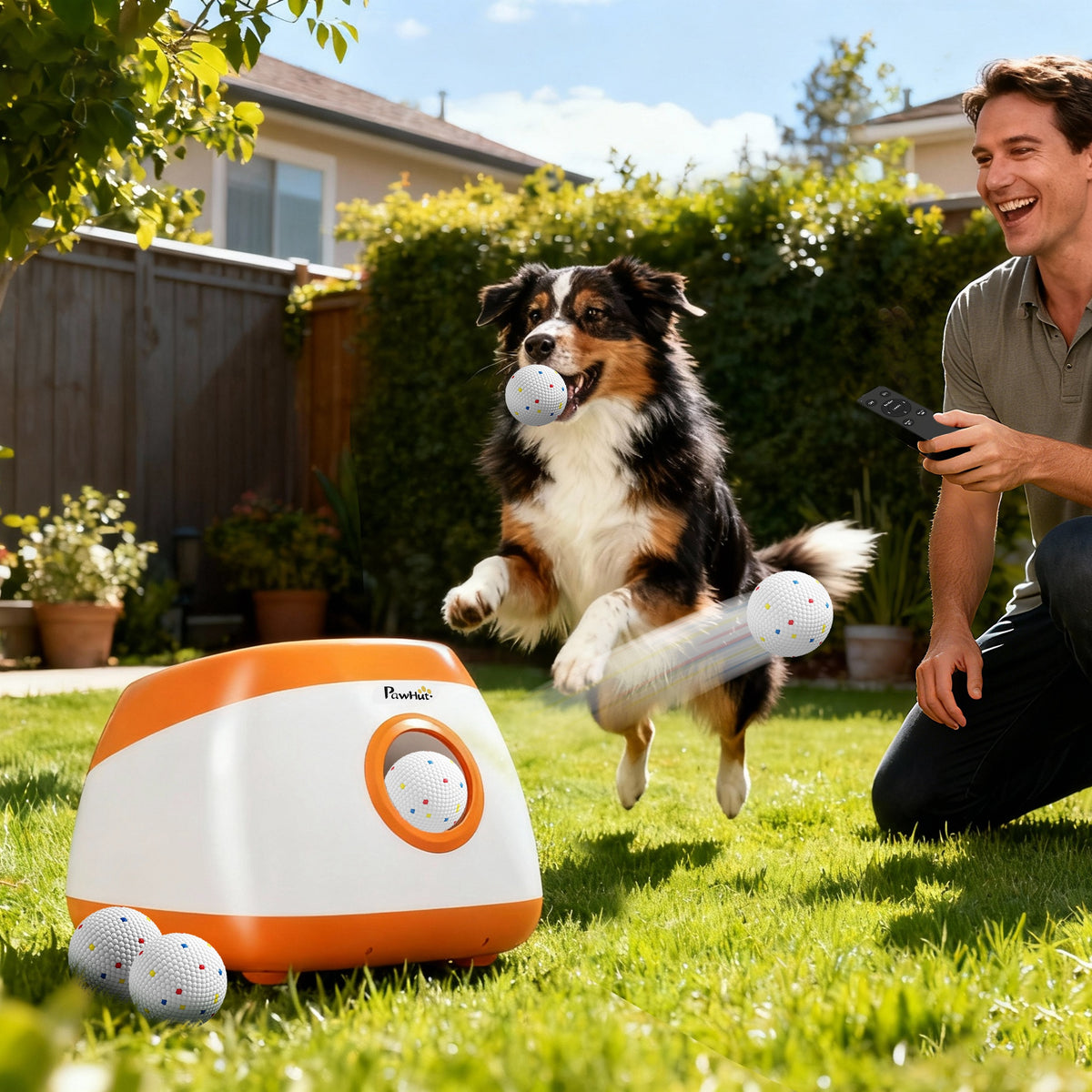 Automatic dog ball launcher by I YAN with 26-80 ft range, designed for medium and large dogs, showing the device with a ball ready to launch.