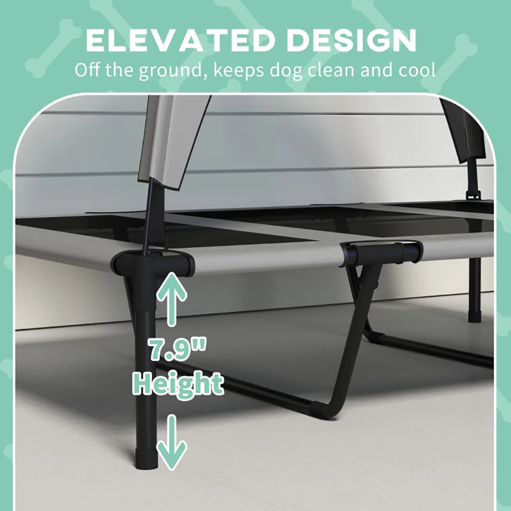 Elevated dog bed with canopy by I YAN, raised outdoor pet cot designed for large dogs, featuring a sturdy frame and shaded canopy.