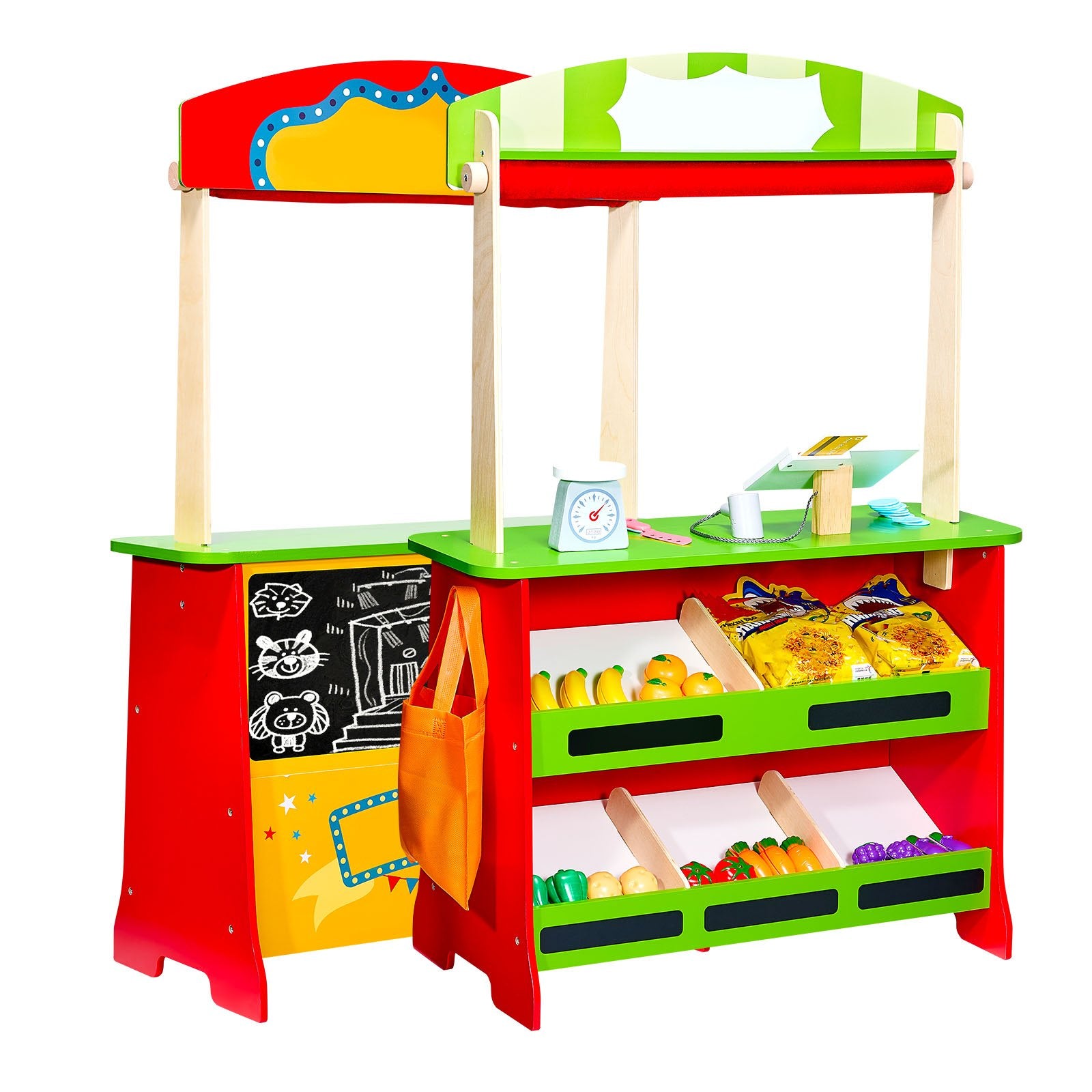 Wooden puppet theater and reversible play store by I YAN, featuring colorful design for kids' imaginative play and role-playing activities.