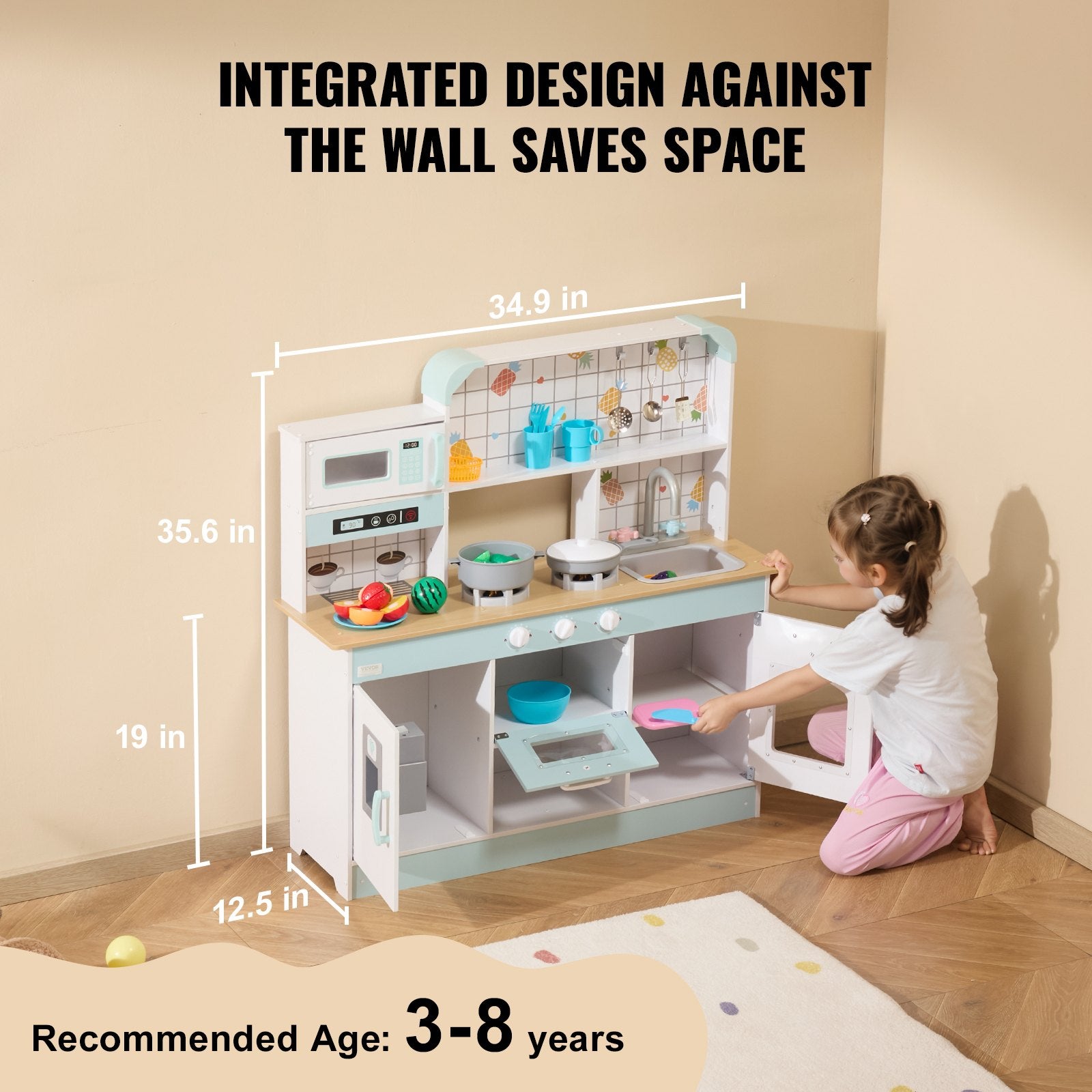 I YAN Christmas kitchen playset for kids with 24 pretend cooking accessories, including pots, pans, and utensils, in white.