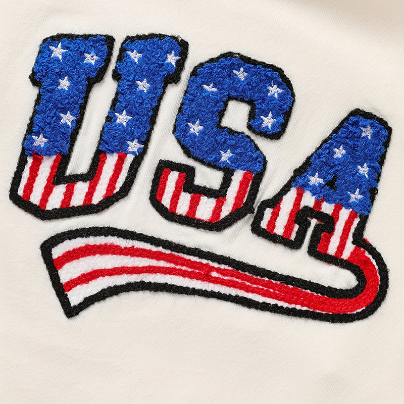 Infant baby boy 4th of July outfit set by I YAN with USA letter print color block T-shirt and matching shorts for Independence Day.