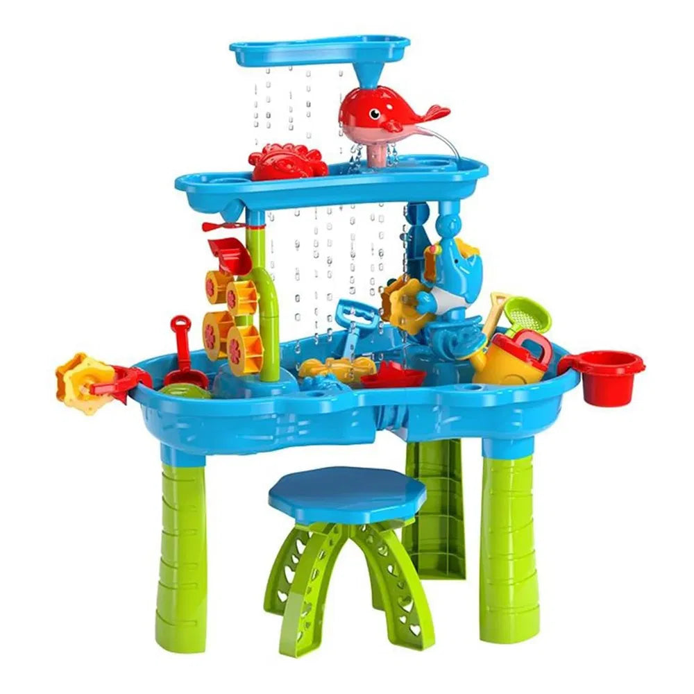 I YAN Kid Sand Water Table for toddlers featuring rain showers and sensory play for ages 3-6, promoting exercise and friendship.