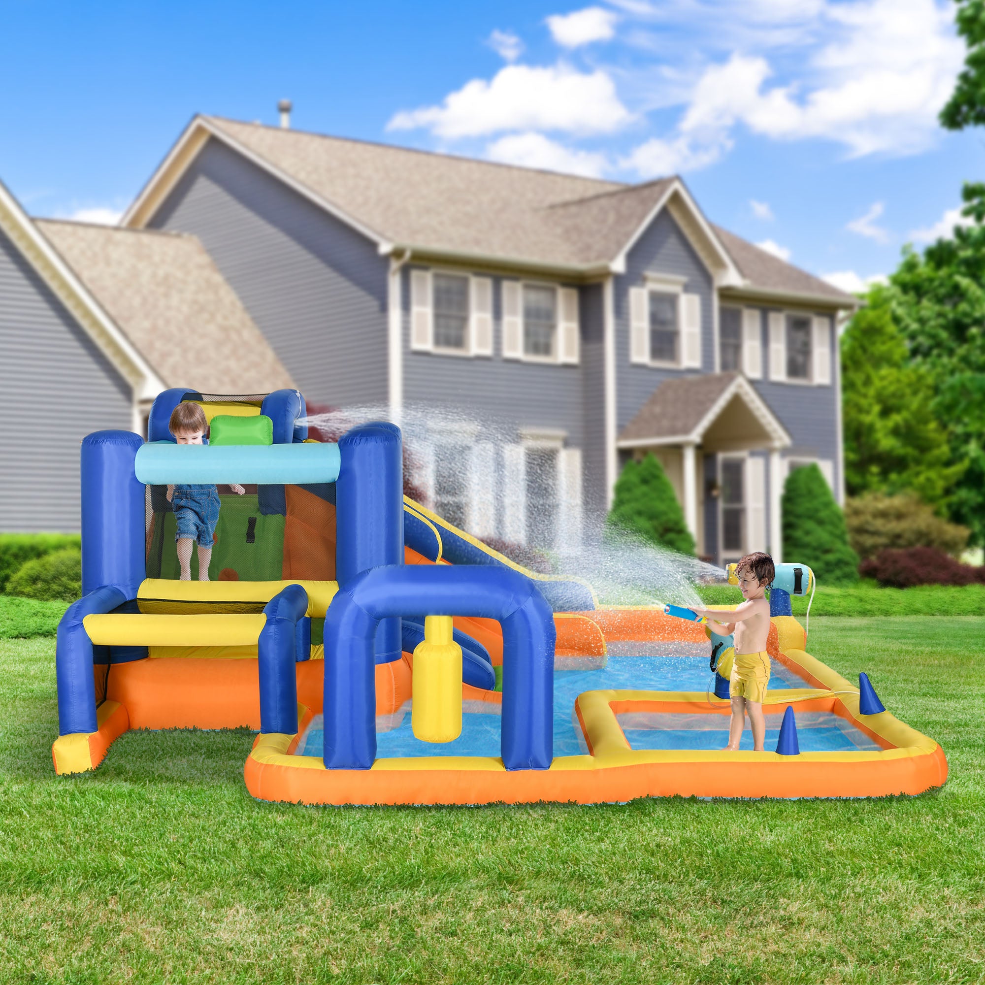 Colorful 7-in-1 water slide with climbing wall, splash pool, water cannon, basketball hoop, boxing post, and football stand for kids.