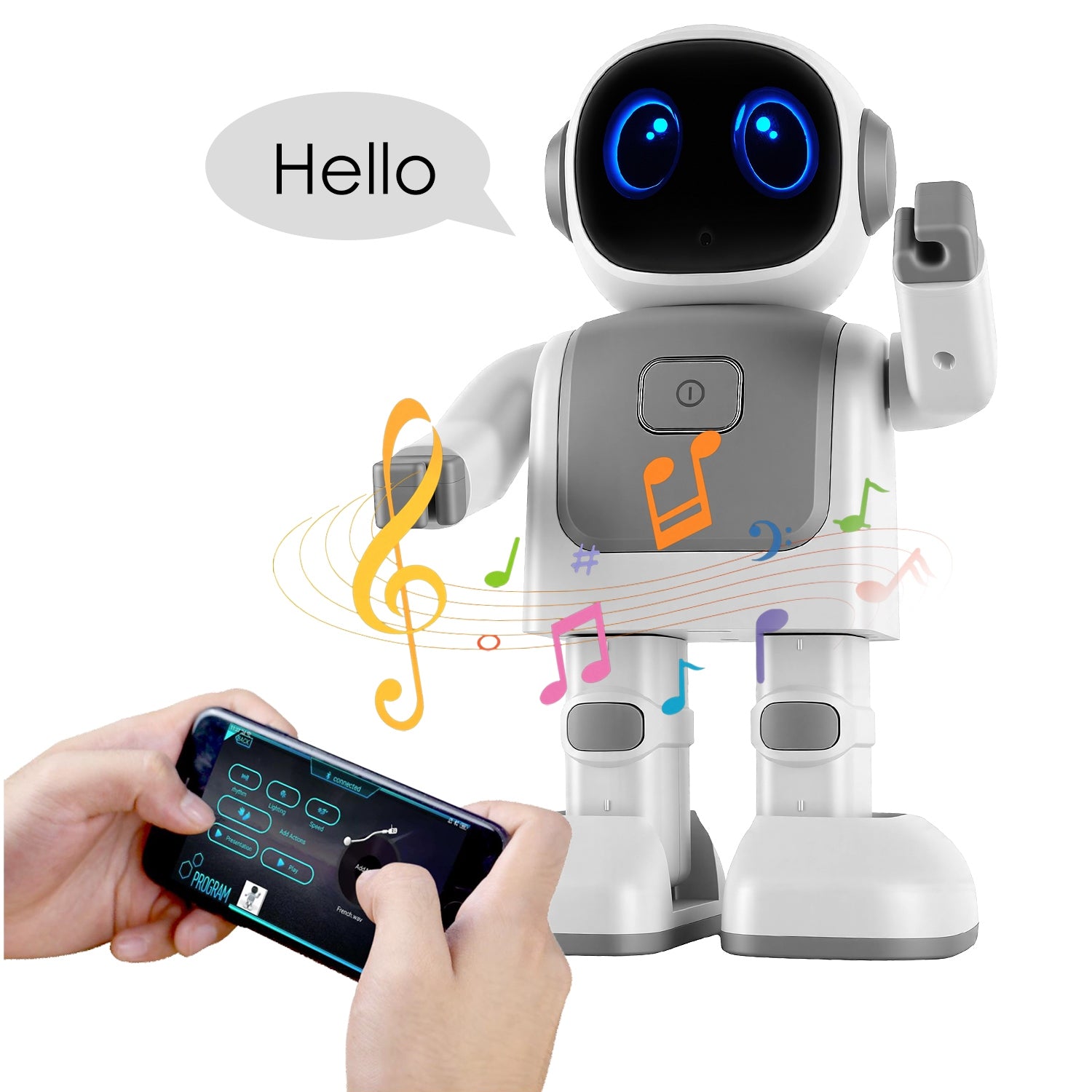 I YAN AI dancing robot toy with Bluetooth music and voice assistant, featuring colorful lights and a playful design.