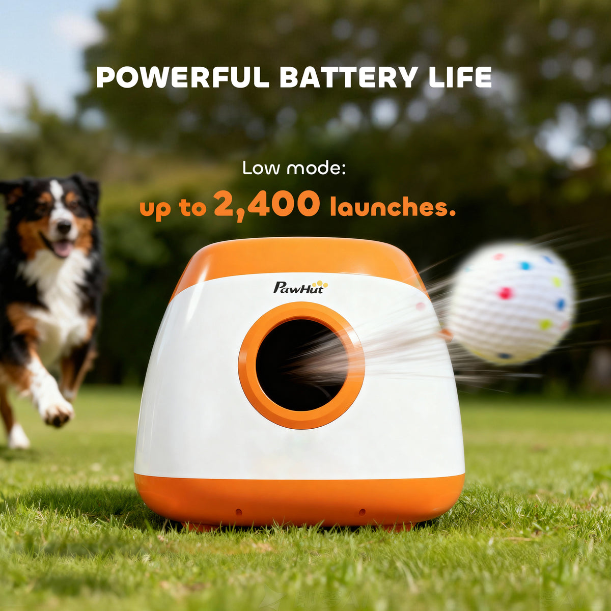 I YAN automatic dog ball launcher with a ball in mid-air, highlighting its 26-80 ft range for medium and large dogs.