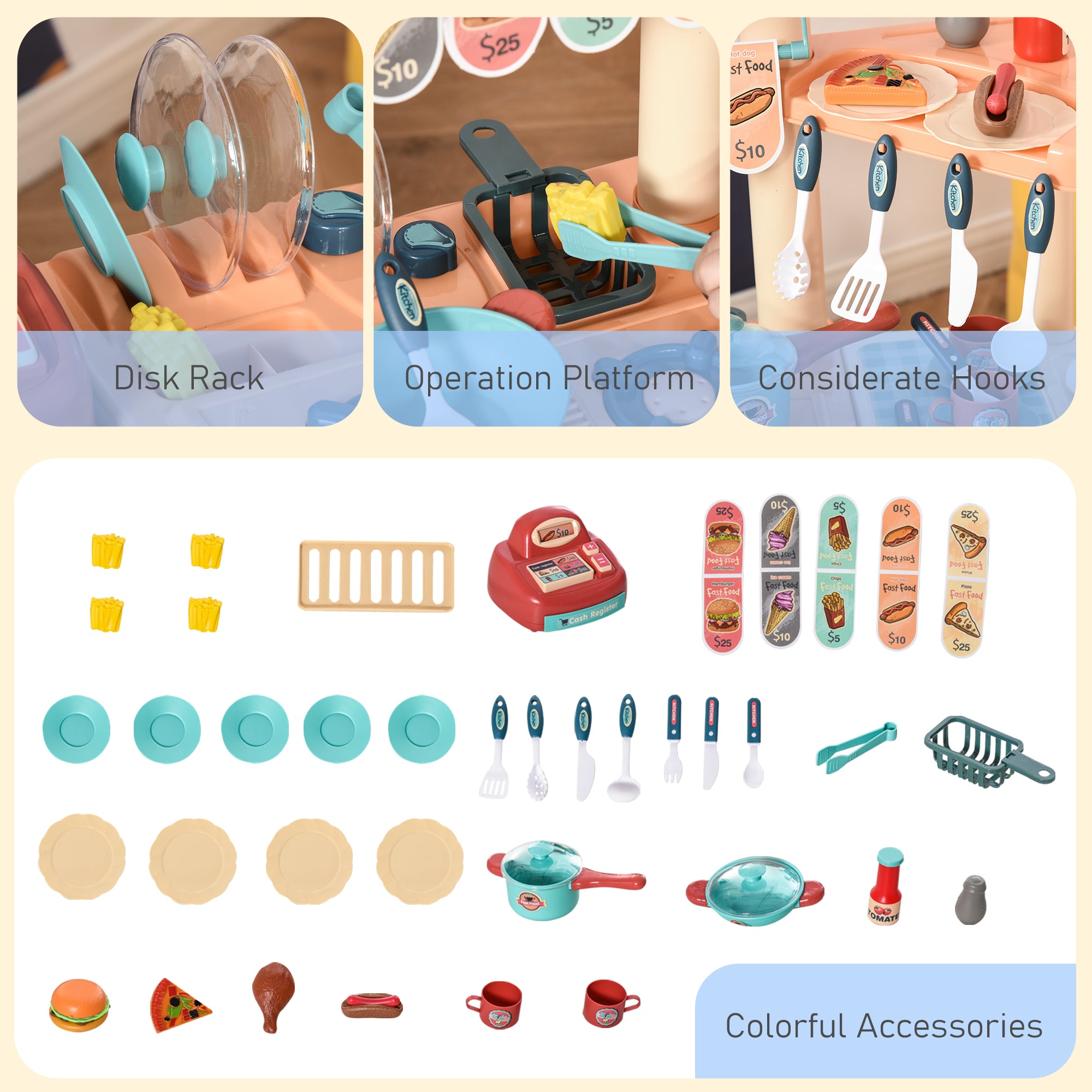 Kids kitchen food stand by I YAN with play food, cashier register, and accessories for children ages 3 to 6.