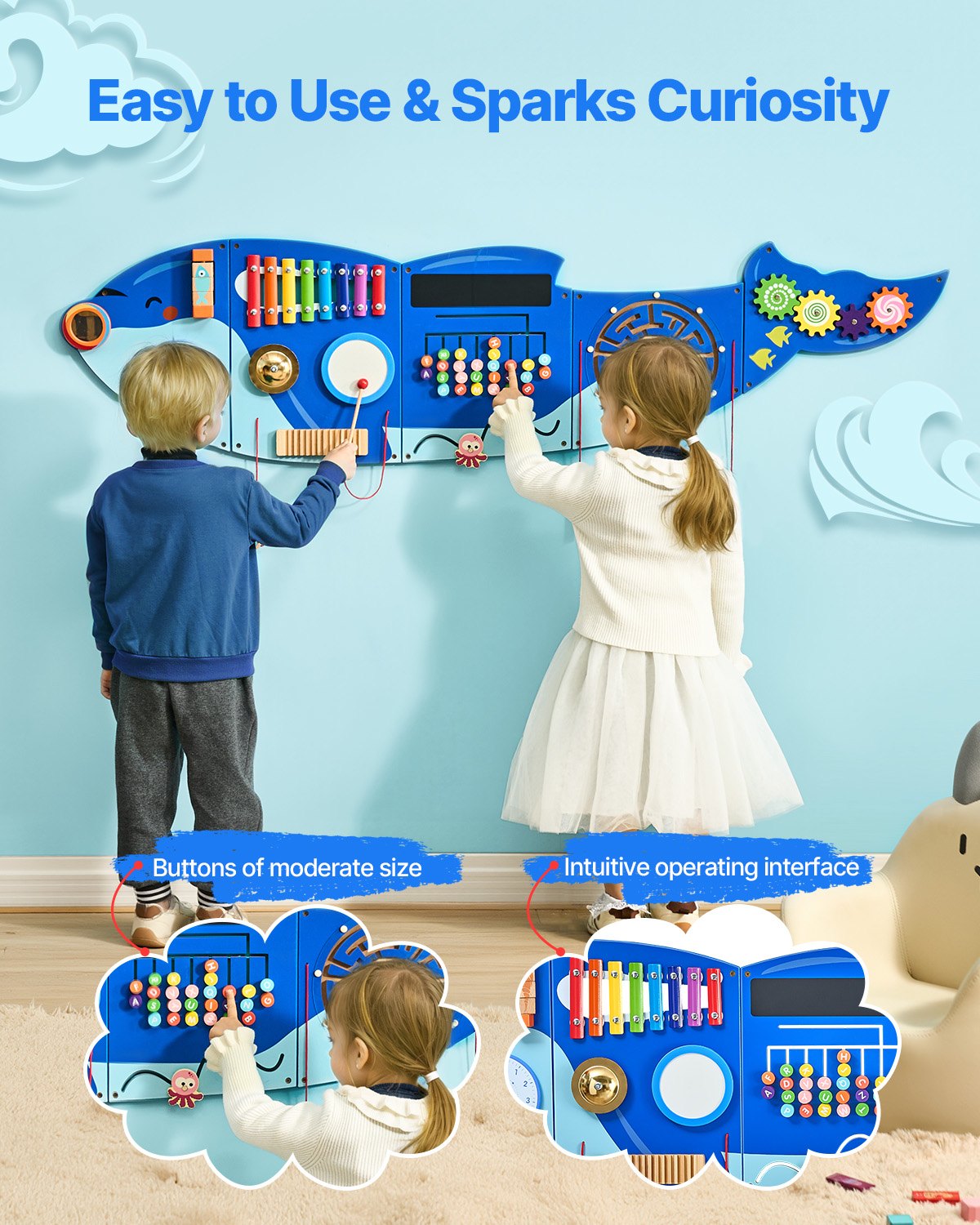 Orca Activity Wall Busy Board Panels by I YAN featuring 12 sensory and activity panels for tactile play and development.