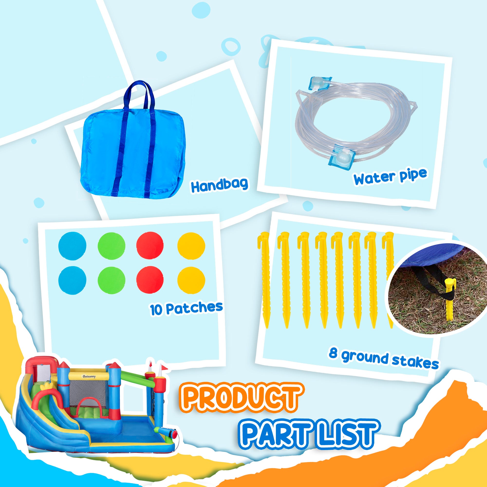 Inflatable 6-in-1 water slide by I YAN featuring a splash pool, climbing wall, water cannon, bounce house, and slide for kids.