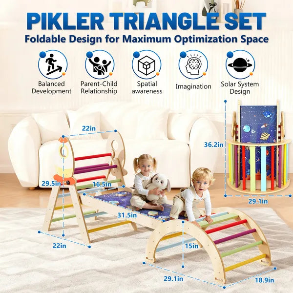 I YAN 7-in-1 foldable baby climbing wooden toy set with triangle arch, pinball game, and seesaw for Montessori play.