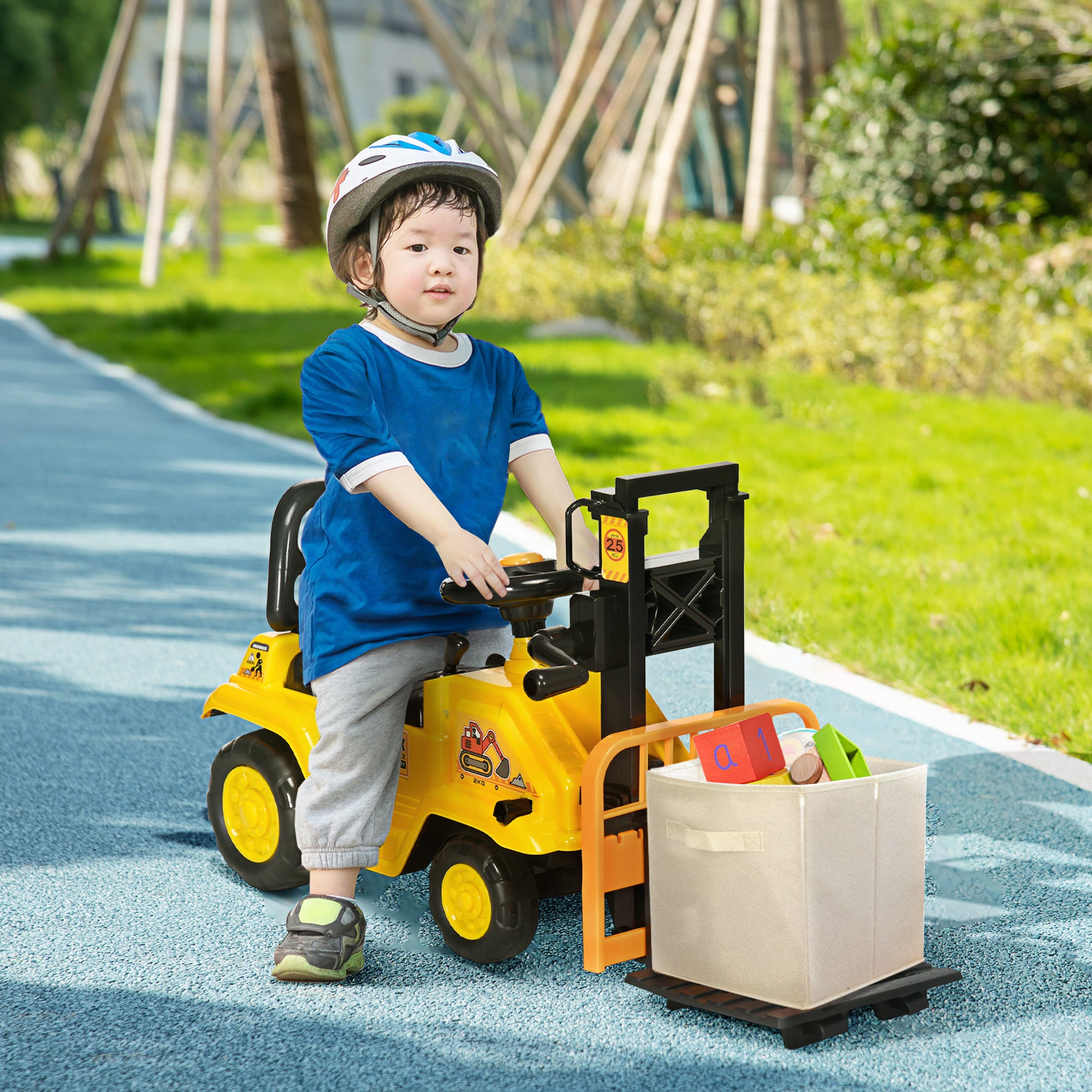 I YAN Sit and Scoot ride-on forklift toy for kids, featuring under-seat storage and realistic construction toy design for 3-year-olds.