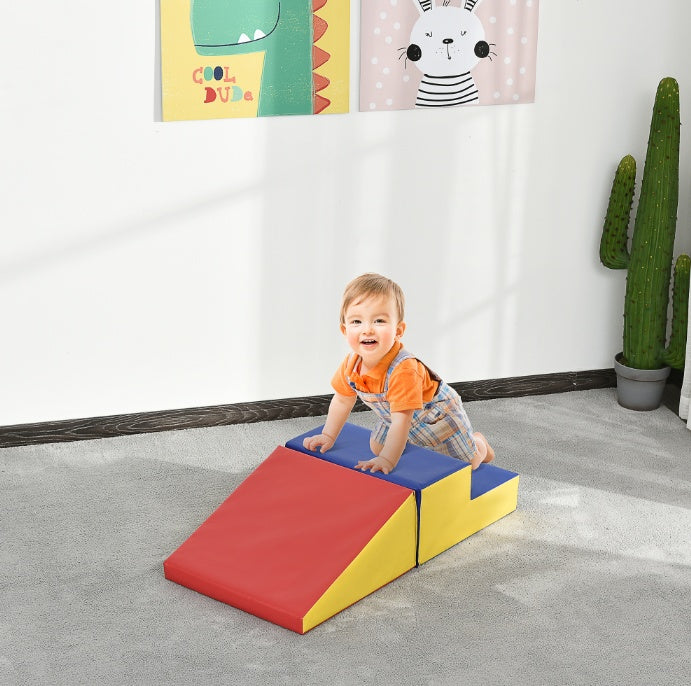 Colorful I YAN Climb and Crawl Foam Playset for toddlers, soft 2-piece preschool learning toy with padded climbing and crawling surfaces.