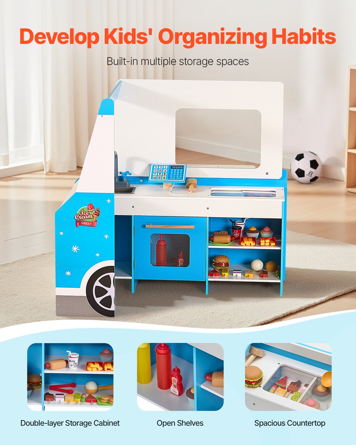 Wooden ice cream truck playset for kids by I YAN, featuring colorful pretend play stand for children aged 3-7.