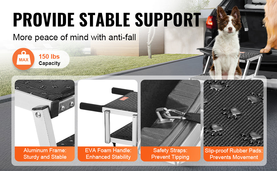 Foldable I YAN SucceBuy dog car stairs made of lightweight aluminum, supporting pets up to 150 lbs, for SUVs and trucks.
