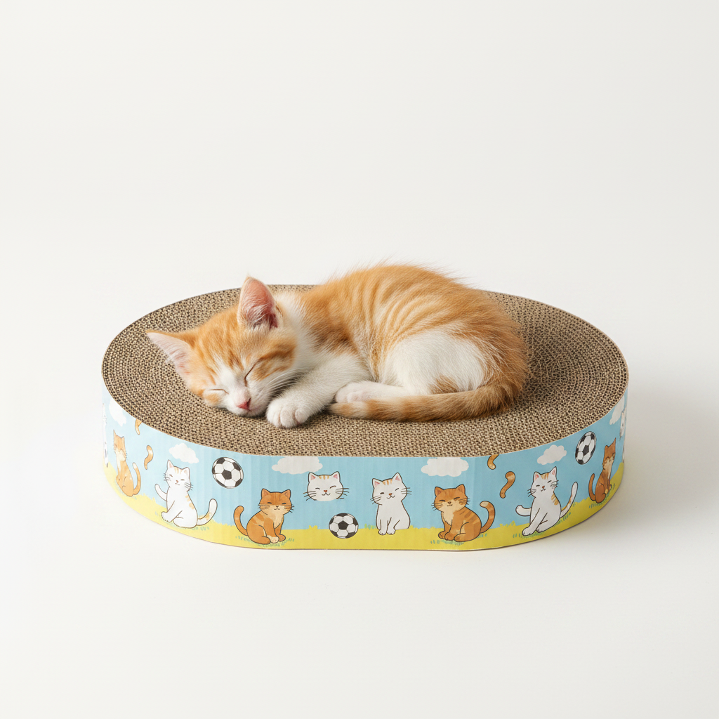 Large oval cat scratcher bed by I YAN with corrugated lounge and anti-slip base, designed for comfortable feline lounging.