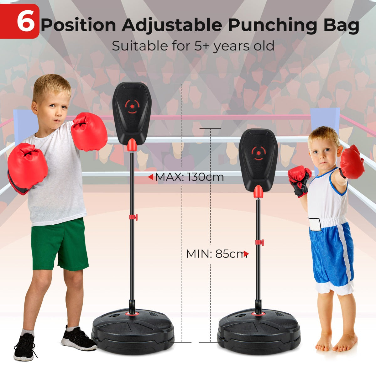 Inflation-free boxing set for kids with punching bag and gloves, featuring quick rebound design by I YAN for ages 5 and up.