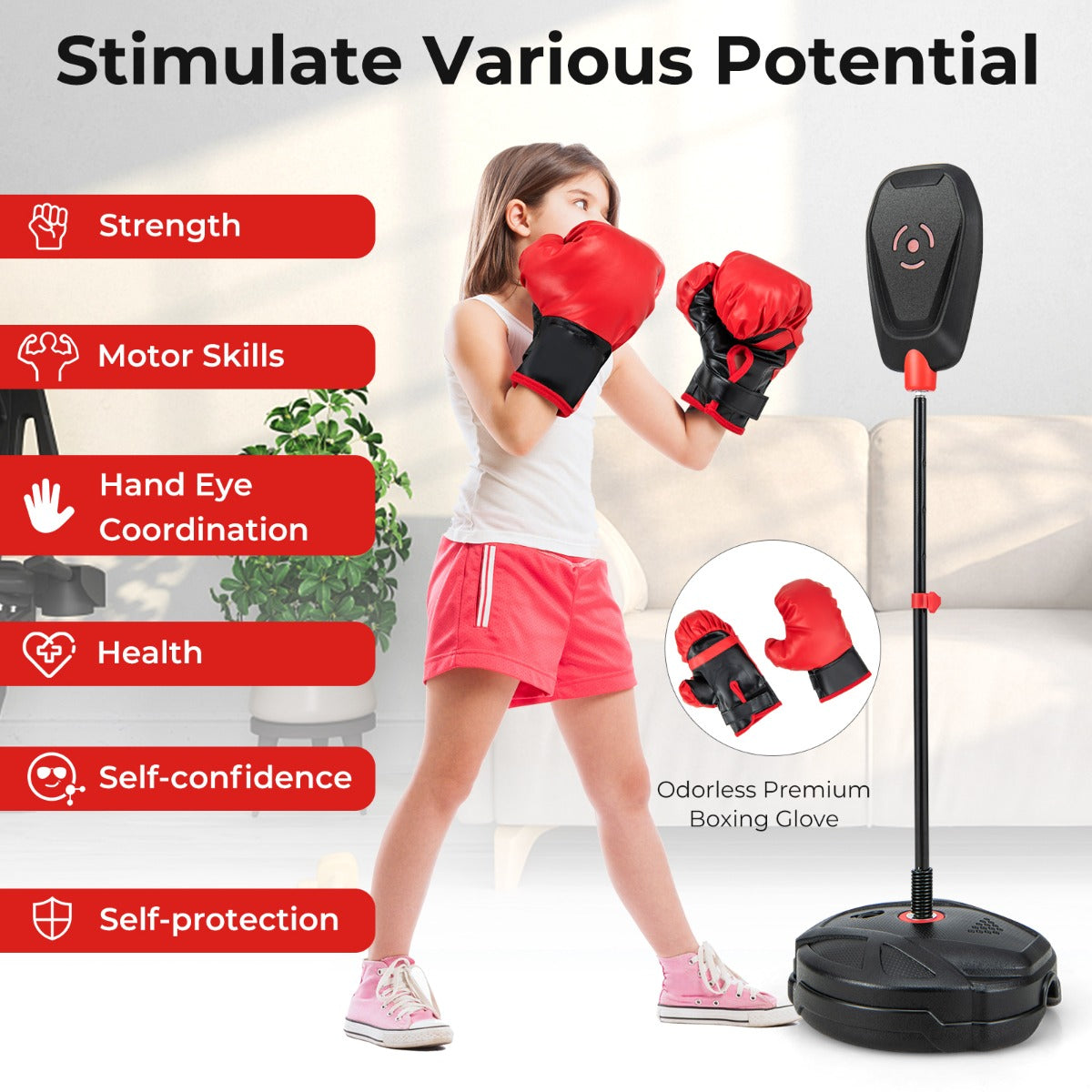 Inflation-free boxing set for kids with punching bag and gloves, featuring quick rebound design, suitable for ages 5 and up by I YAN.