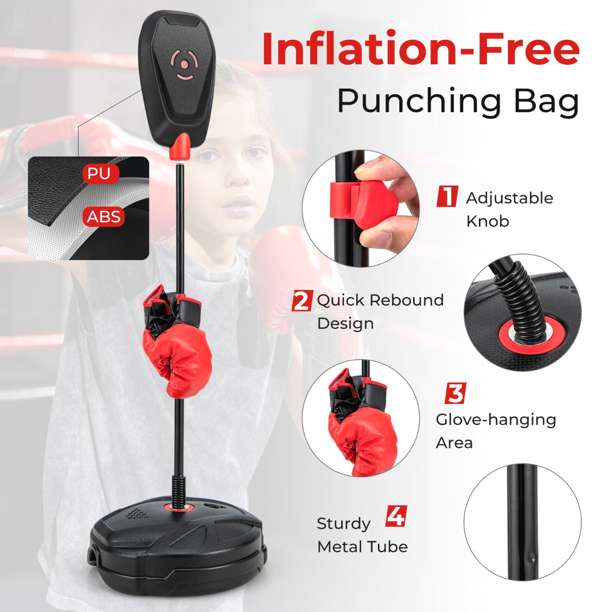 Inflation-free boxing set for kids with punching bag and gloves, featuring quick rebound design, suitable for ages 5 and up by I YAN.