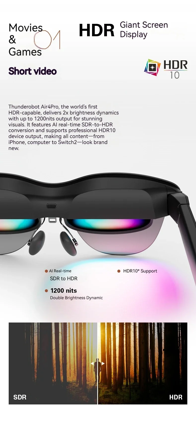 RayNeo Air 4 Pro smart AR glasses Supports HDR10 3840Hz 4 speakers 1200 nits Micro-OLED dual-layer screen AR glasses