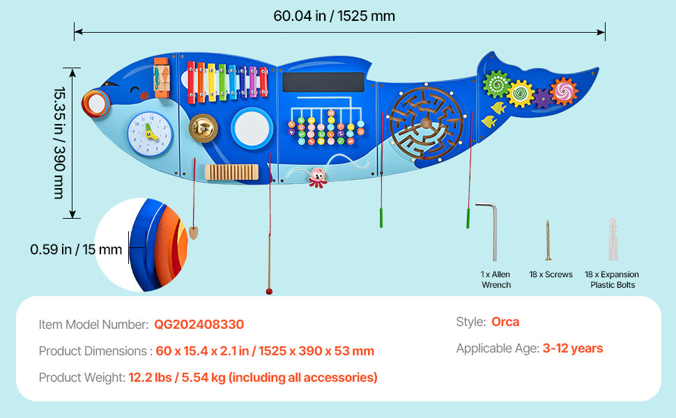 I YAN SucceBuy Orca Kids Wall Busy Board with 12 activities, hanging panels for sensory learning and toddler play.