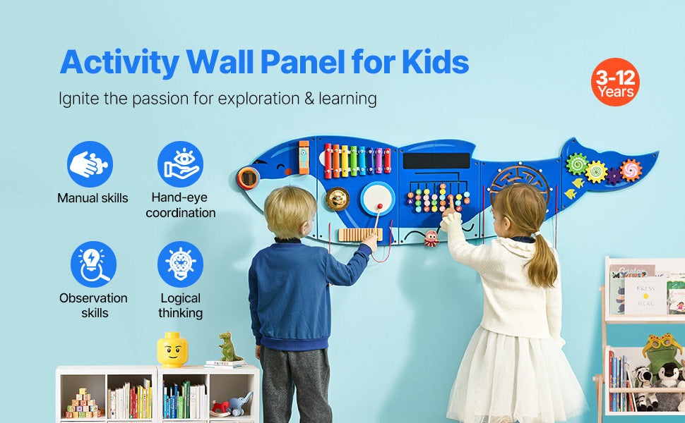 I YAN SucceBuy Orca Kids Wall Busy Board with 12 activity panels for toddlers, featuring sensory learning and Montessori play.