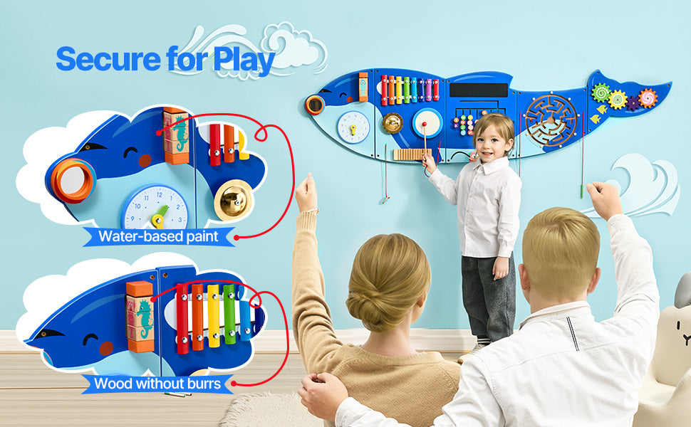 I YAN SucceBuy Orca Kids Wall Busy Board with 12 activities, hanging panels for toddler sensory play and Montessori learning.