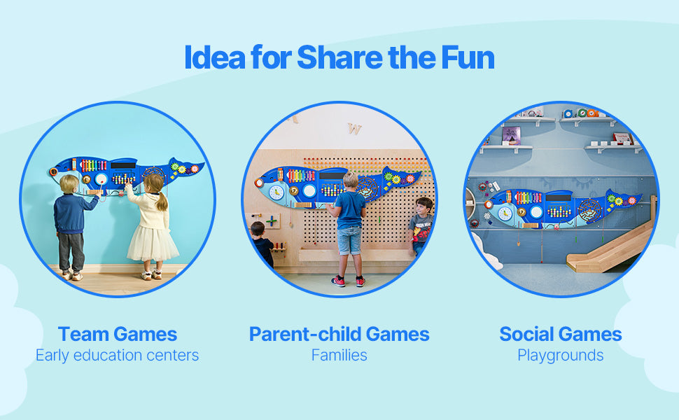 I YAN SucceBuy Orca Kids Wall Busy Board with 12 activity panels for toddlers, featuring sensory and Montessori-style play toys.